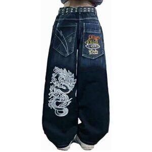 Unisex Y2K Gothic Baggy Jeans Casual Streetwear with Dragon Print